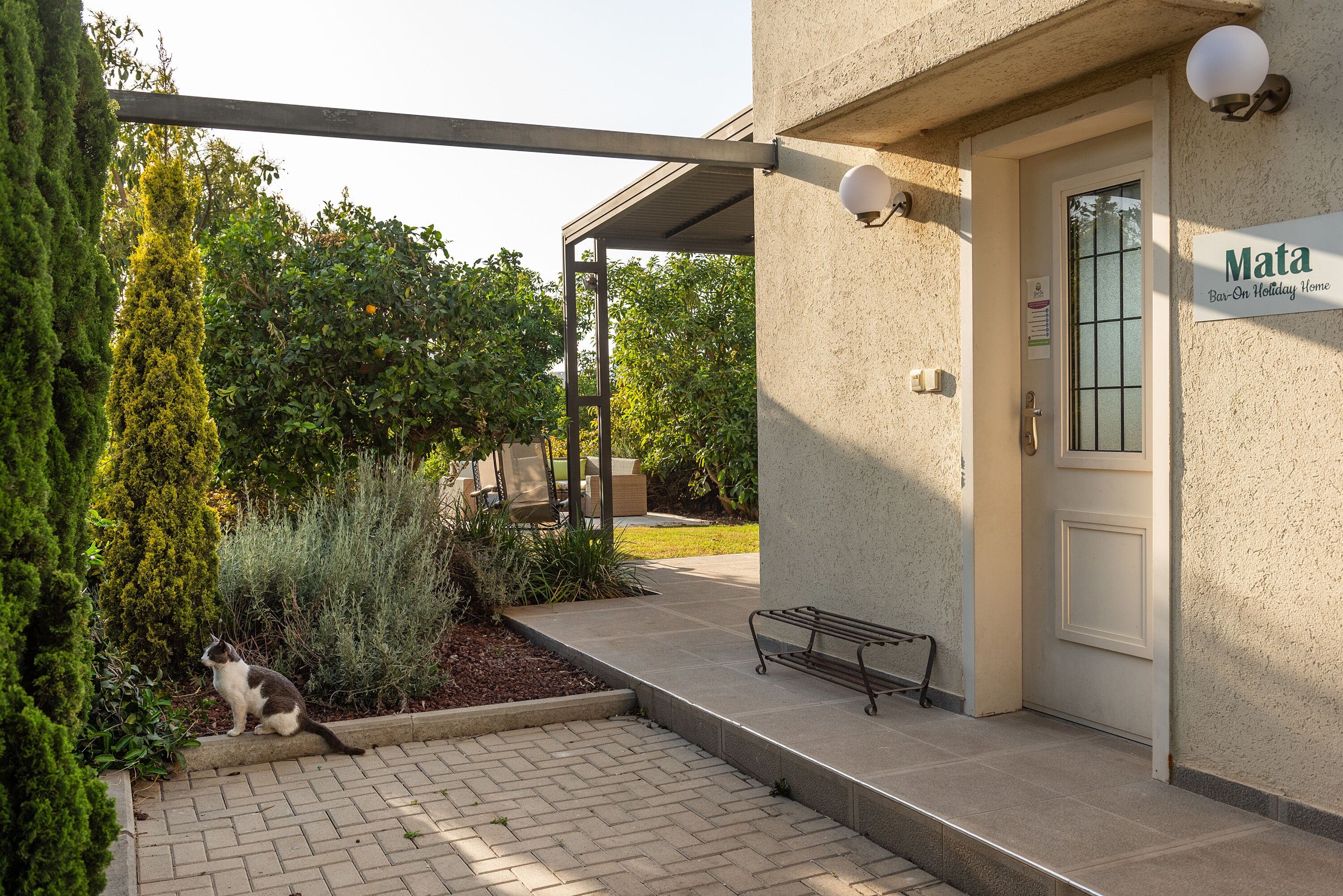 A courtyard with a bench, a cat, and a sign reading "Mata Bar-On Holiday Home".