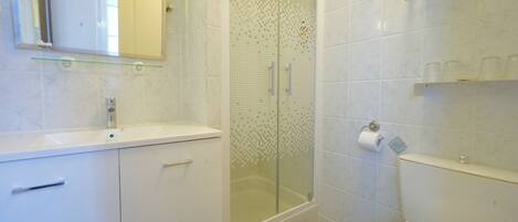 Un baño moderno con ducha de vidrio, inodoro y lavabo con espejo.