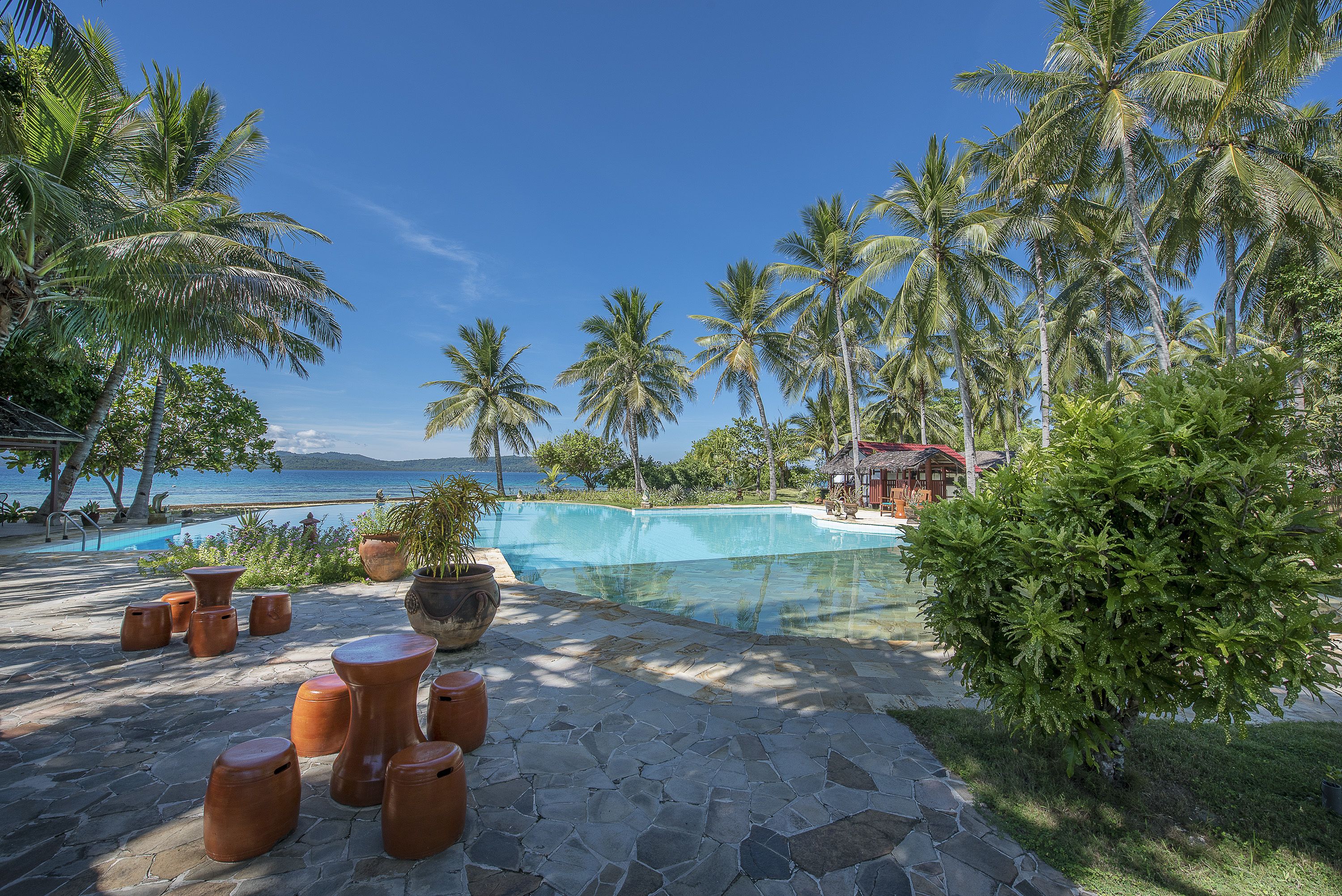 A pool area with stone flooring, terracotta planters, and palm trees.