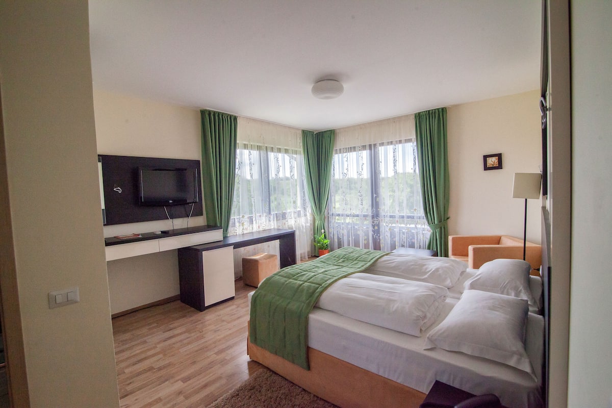 A bedroom with a bed, a desk, a television, and a window with curtains.