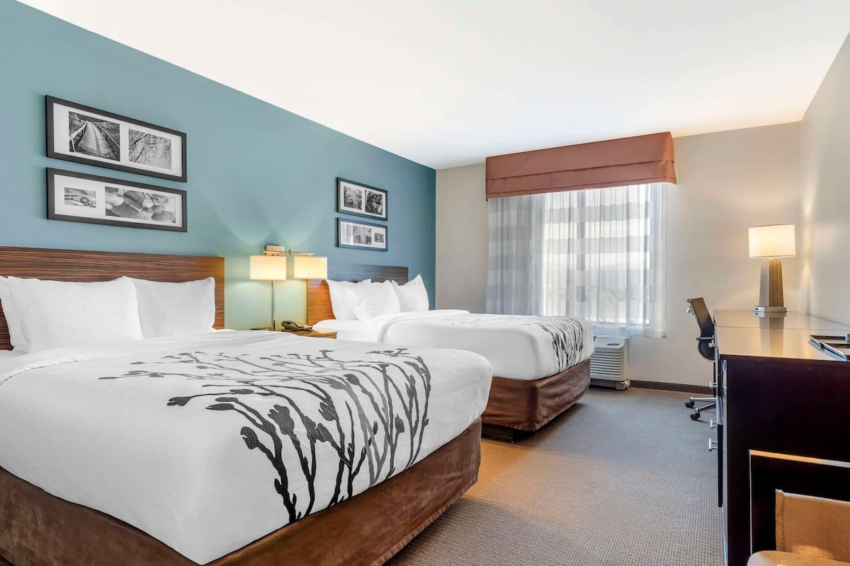 A hotel room with two beds, a desk, a chair, a lamp, and framed pictures on the wall.