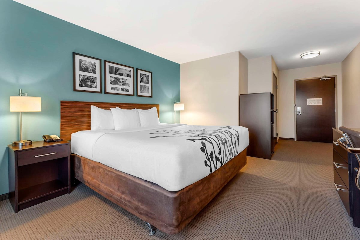 A hotel room with a bed, bedside tables, a desk, and a refrigerator.