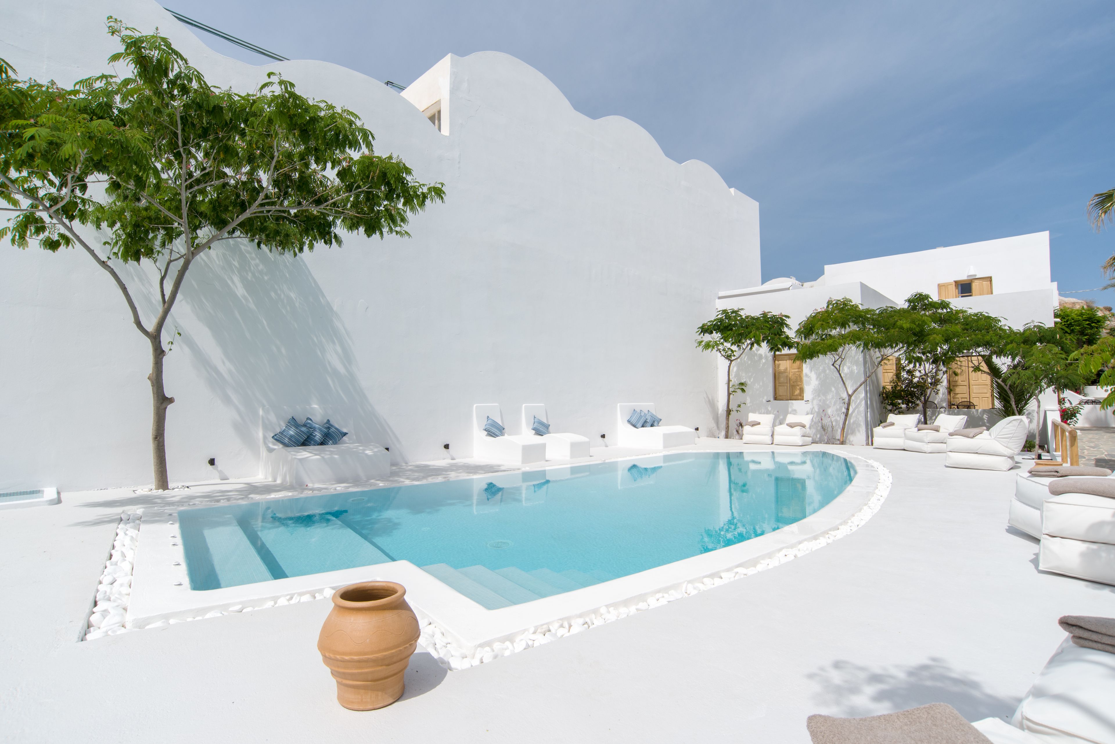 Un área de piscina moderna con piscina blanca, sillas reclinables blancas y un árbol.