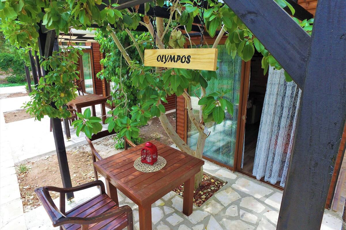 A wooden table and chairs under a pergola with a sign reading 'OLYMPOS.'