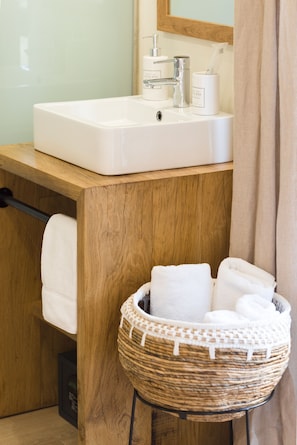 Shower, eco-friendly toiletries, hair dryer, towels