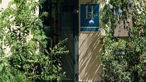A building entrance with a glass door, surrounded by greenery and a sign indicating a hotel. - The Corner House (Seville)