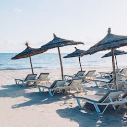 Accommodatie ligt op het strand, ligstoelen, parasols, een strandbar
