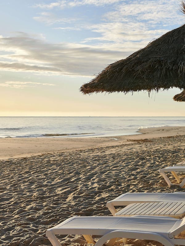 Accommodatie ligt op het strand, ligstoelen, parasols, een strandbar