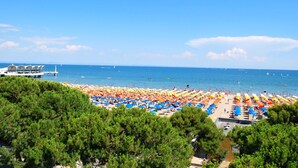 Une plage avec de nombreux parasols et des chaises longues, une jetée et un ciel bleu dégagé.