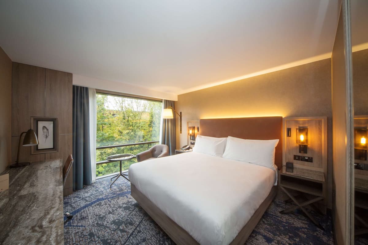 Habitación de hotel con una cama grande, un escritorio, una silla, una mesita y vistas a zonas verdes por la ventana.