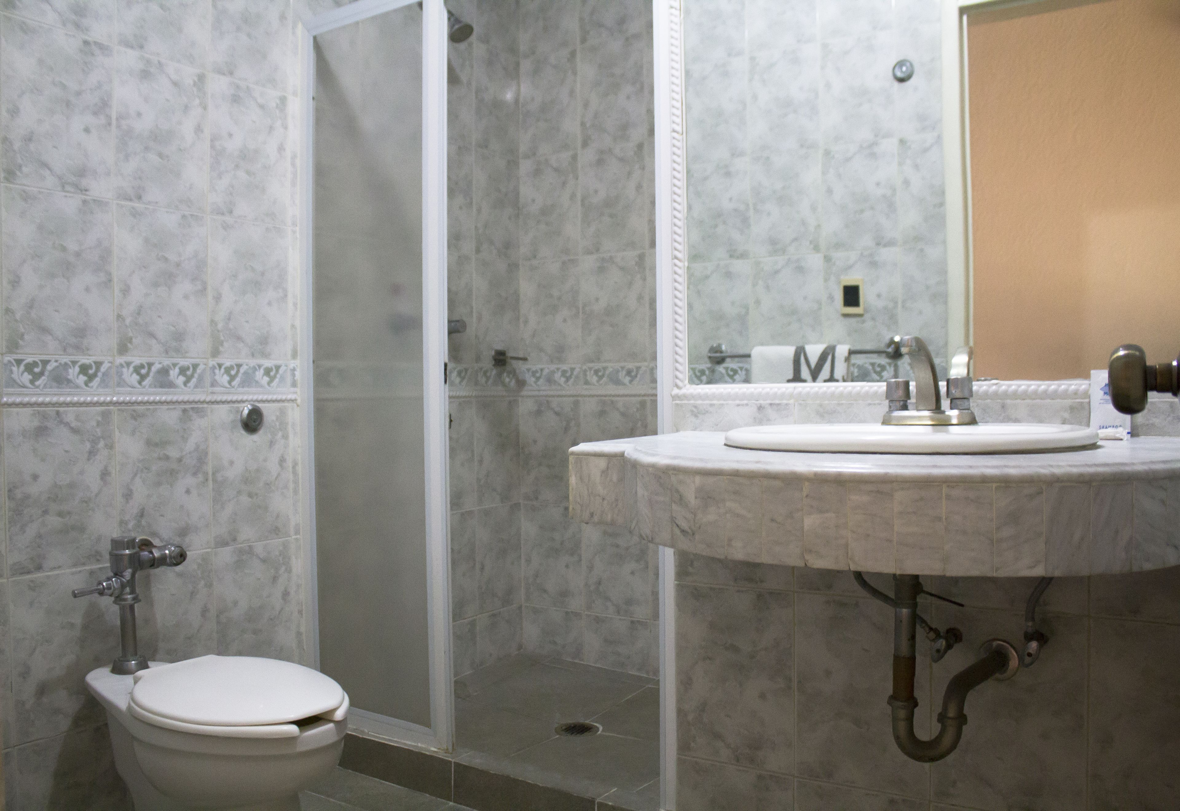 Ein Badezimmer mit Toilette, Dusche und Waschbecken mit Spiegel.