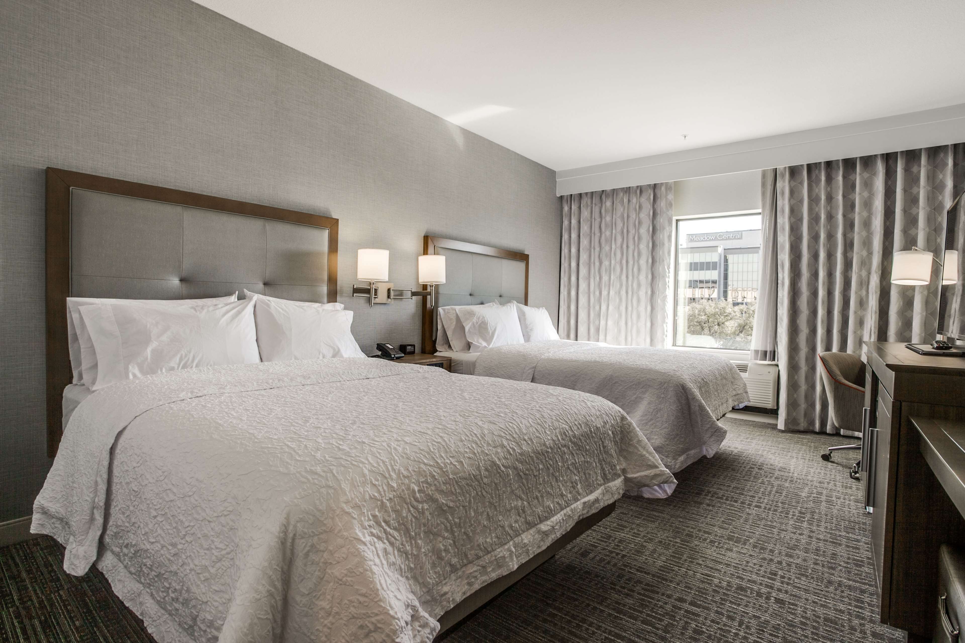 premium bedding, desk, blackout curtains, iron/ironing board