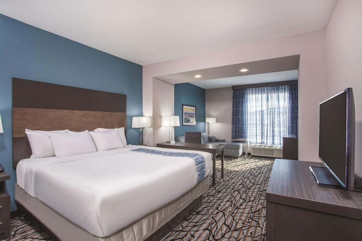 A hotel room with a large bed, a desk, a television, and a view of the outdoors.
