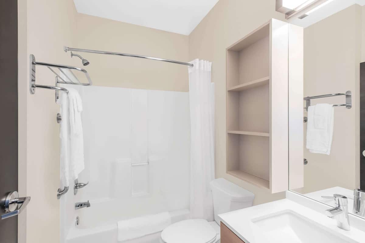 A modern bathroom with a shower, toilet, and sink, featuring chrome fixtures and a large mirror.