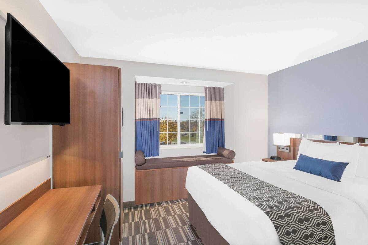 A hotel room with a bed, a desk, a TV, a window with curtains, and a view of trees.
