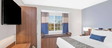 A hotel room with a bed, a desk, a TV, a window with curtains, and a view of trees.
