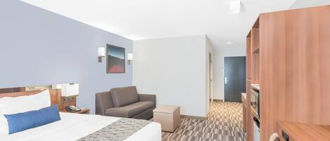 Una habitación de hotel con cama, sofá, escritorio y armario.