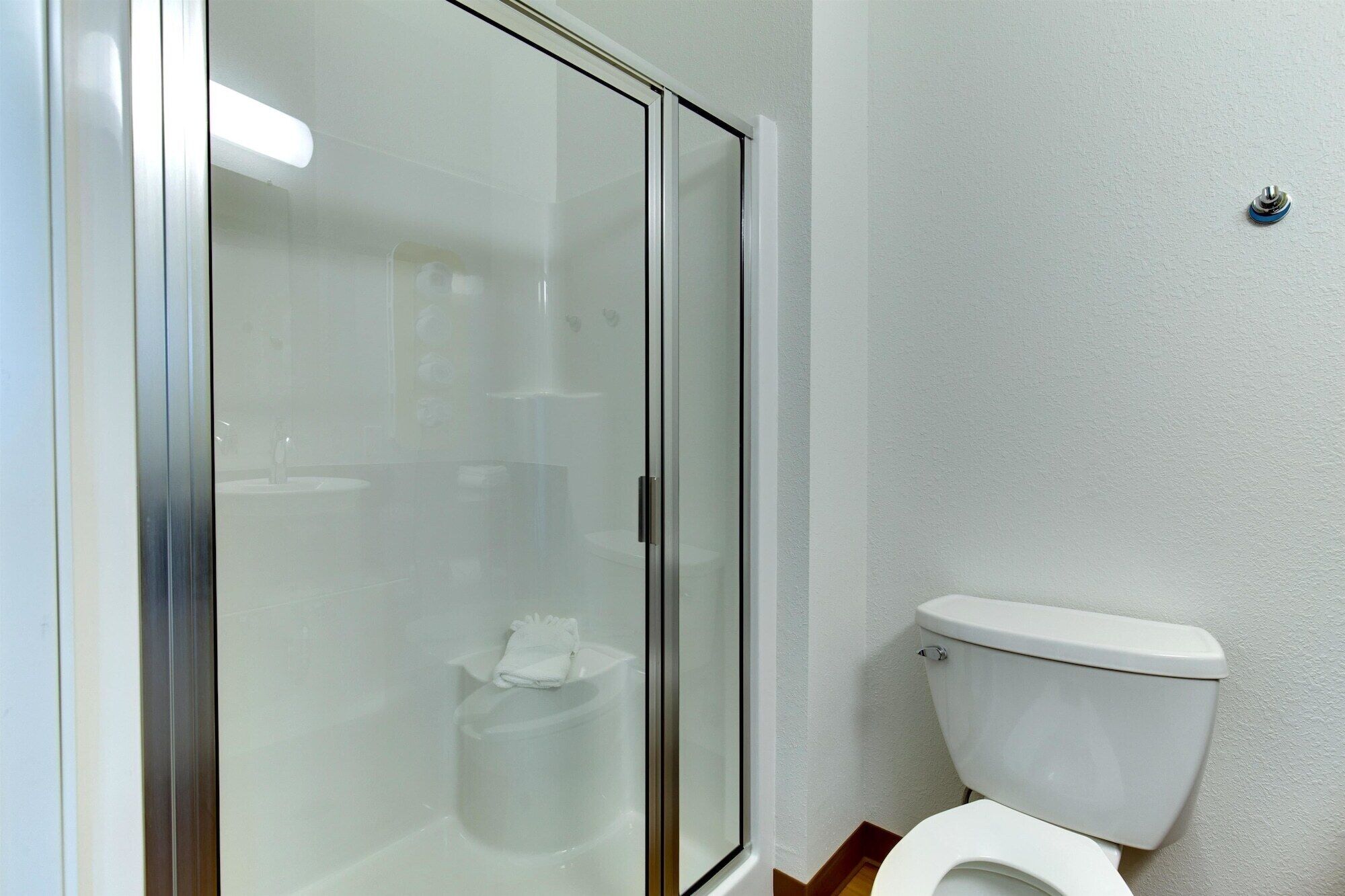 A bathroom with a glass shower enclosure, a toilet, and a white wall.