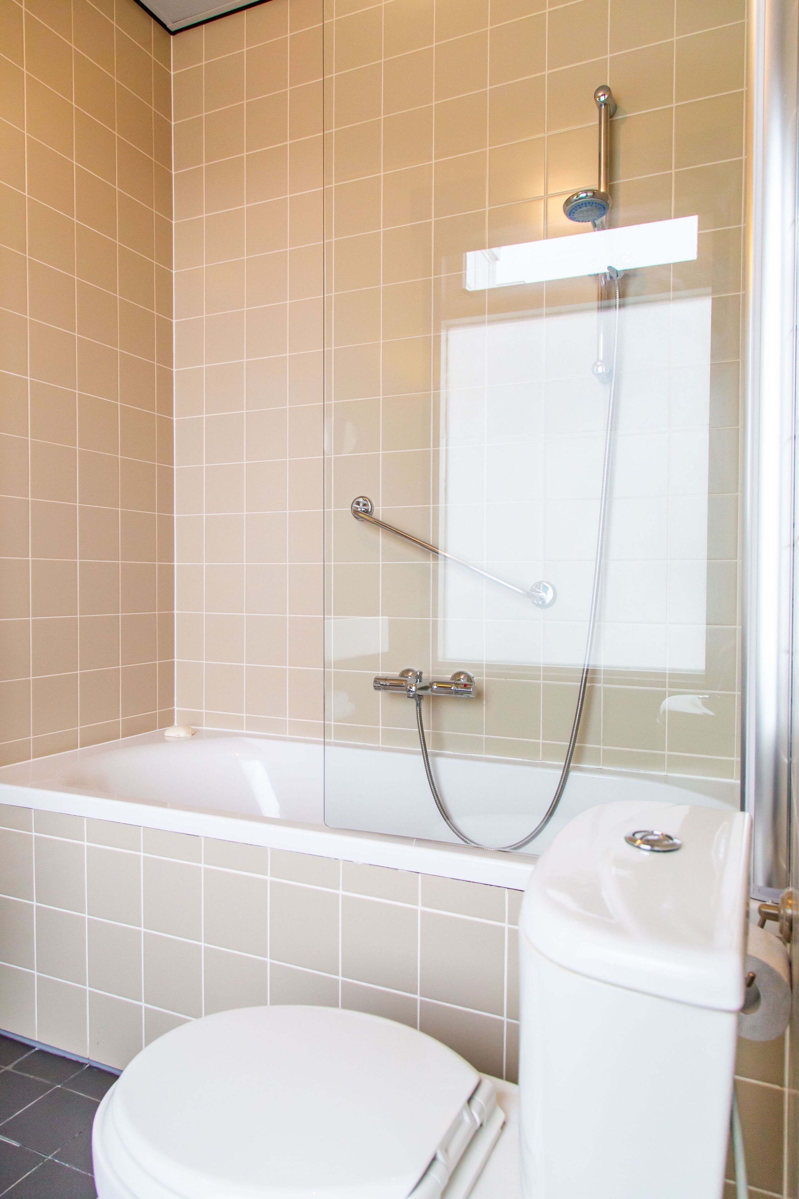 A bathroom with a bathtub, toilet, and a shower.