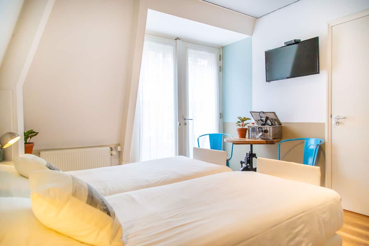Une chambre avec deux lits, un téléviseur fixé au mur, une petite table avec une plante et une chaise.