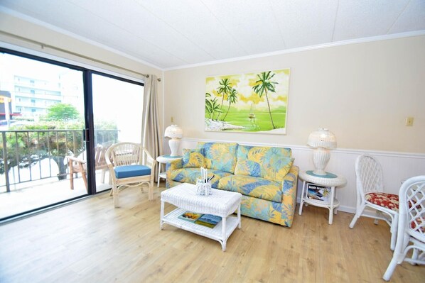Condo, 1 Bedroom | Living area | TV, DVD player - Shore Lea 102 1 Br condo by RedAwning (Ocean City)