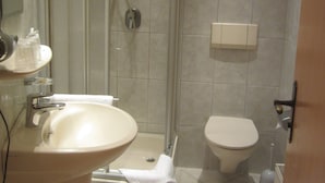 Une salle de bain avec un lavabo, des toilettes et une douche.