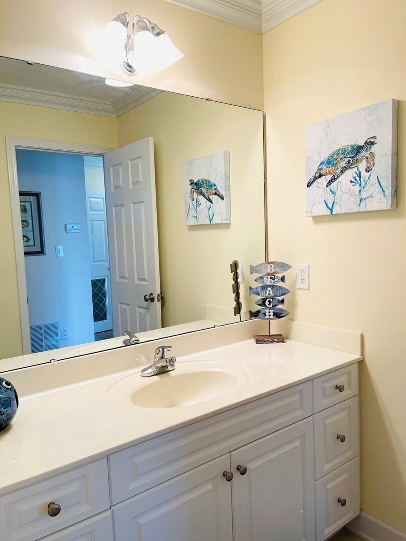 A bathroom with a large mirror, white vanity, and two wall-mounted paintings of sea turtles.
