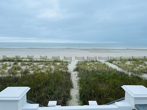 A beach view with a sandy path leading to the water, surrounded by vegetation.