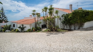 Un patio empedrado con un edificio blanco, techo de tejas rojas, rodeado de palmeras y follaje.