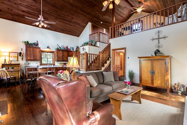 Flatskjerm-TV, peis, DVD-spiller og iPod-dokkingstasjon