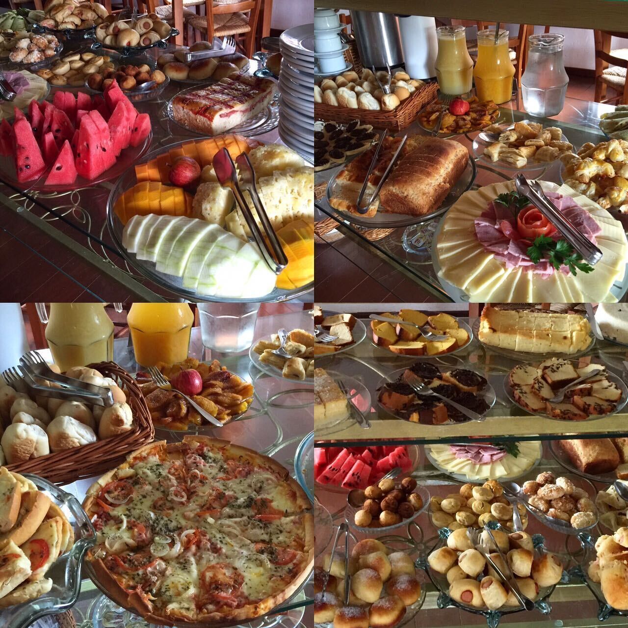 A buffet with various food items including fruits, pastries, and a pizza.
