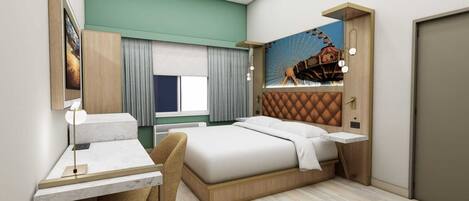 A modern hotel room with a bed, desk, chair, and a large wall mural of a Ferris wheel.