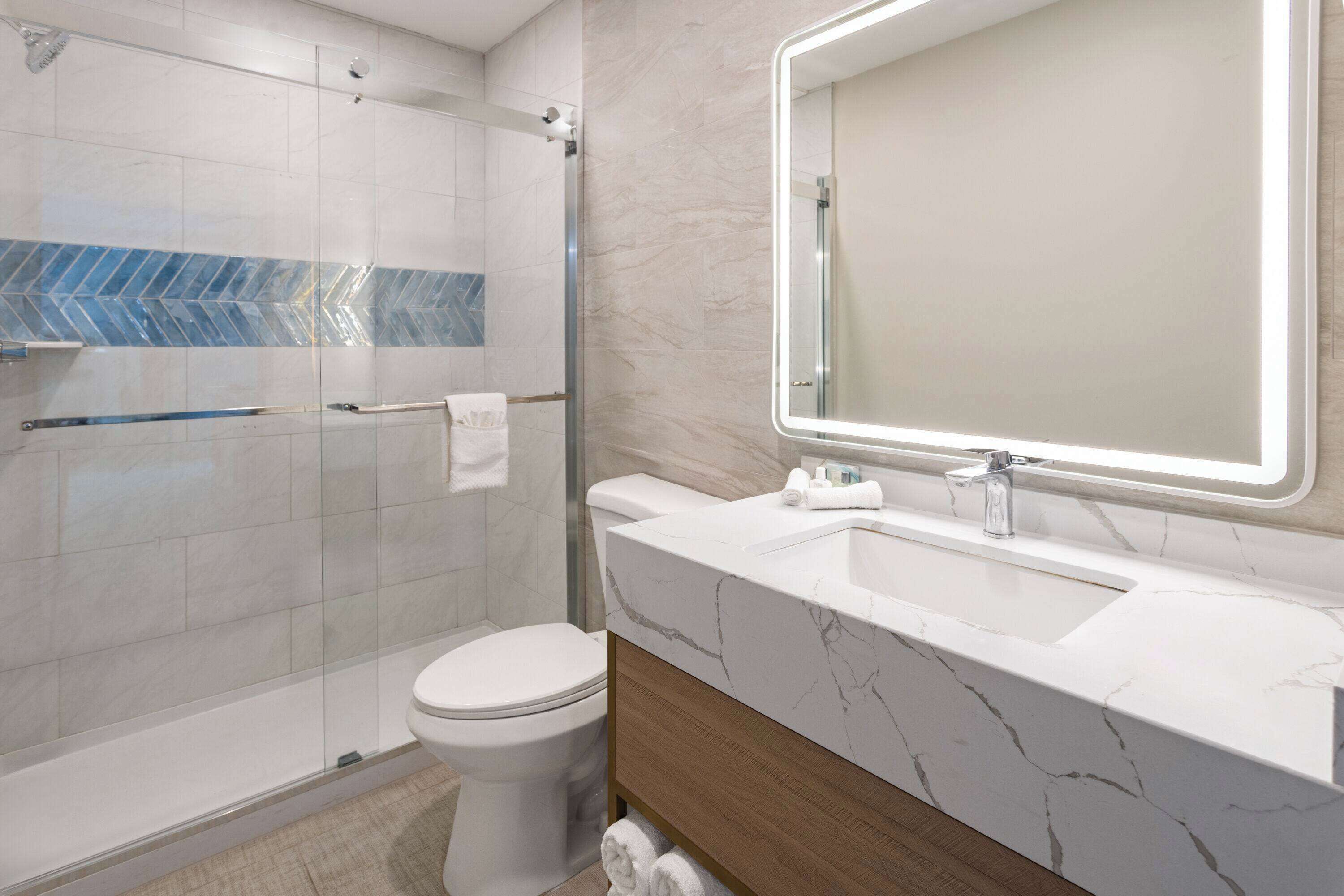 A modern bathroom with a glass shower enclosure, a toilet, a marble sink, and a large mirror.