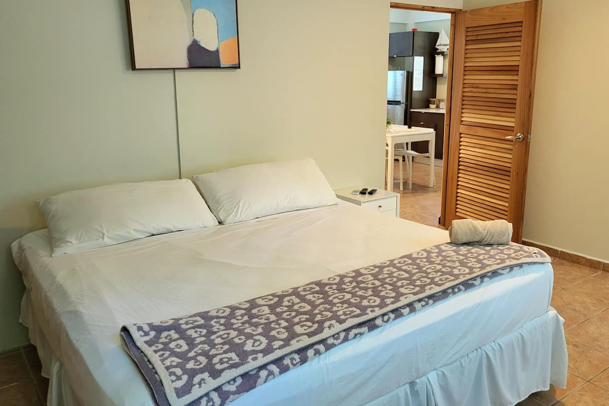 A neatly made bed with a patterned throw, a bedside table with a phone and remote, and a wooden door leading to a bathroom.