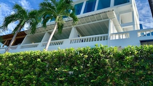A modern building with a white facade, multiple balconies, and palm trees in the foreground.