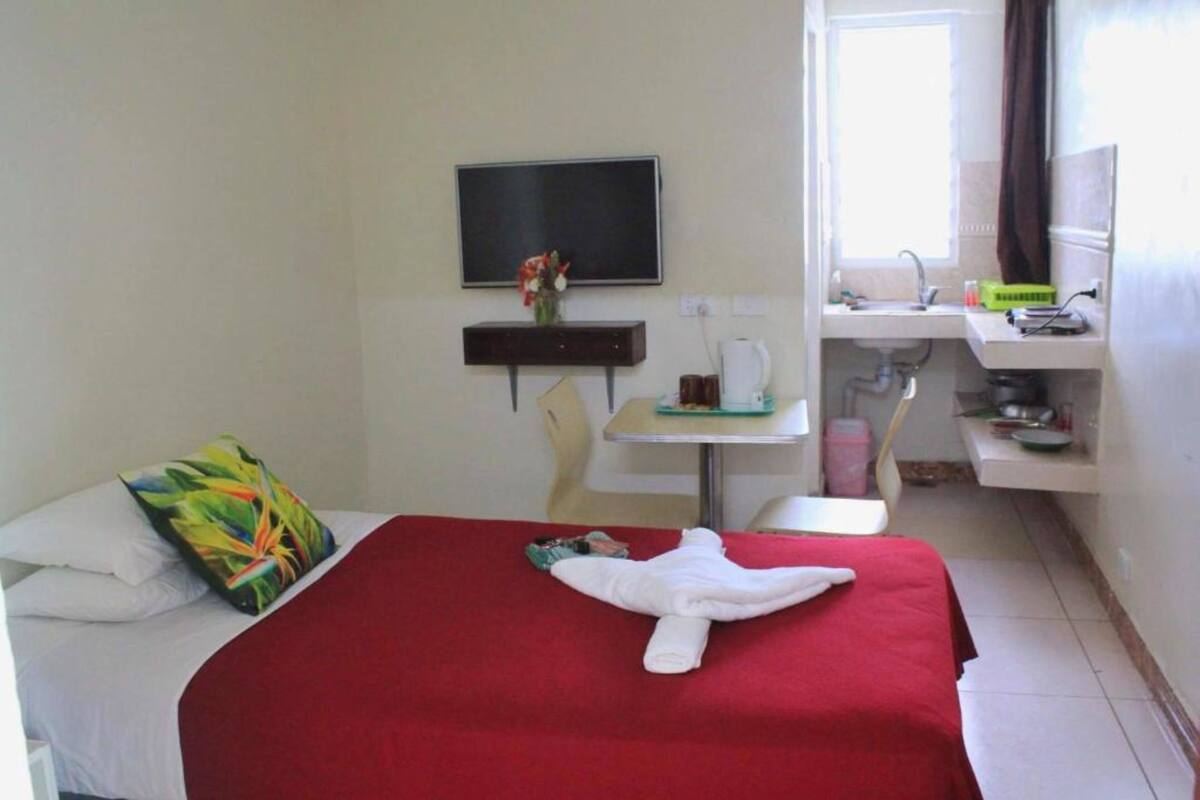 A hotel room with a bed, a TV mounted on the wall, a small table with a vase of flowers, and a bathroom visible through an open door.