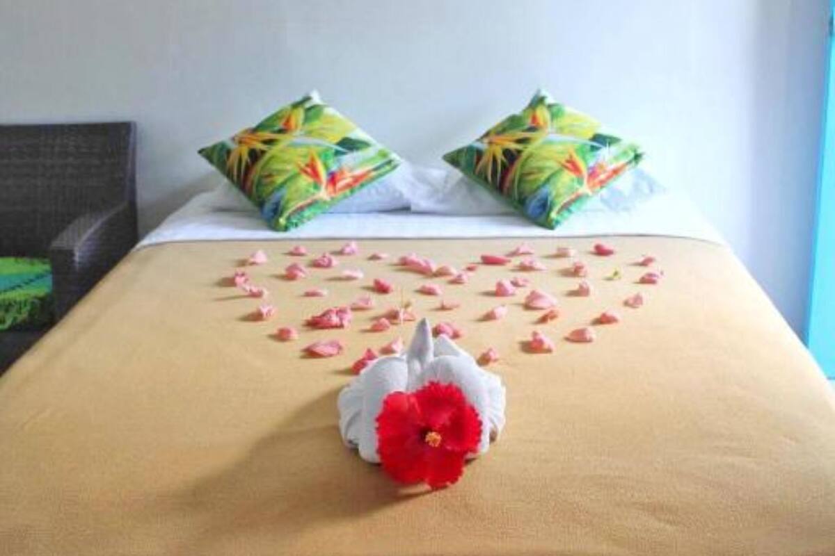 A hotel room with a bed, two pillows, a heart-shaped arrangement of rose petals, and a red flower centerpiece.