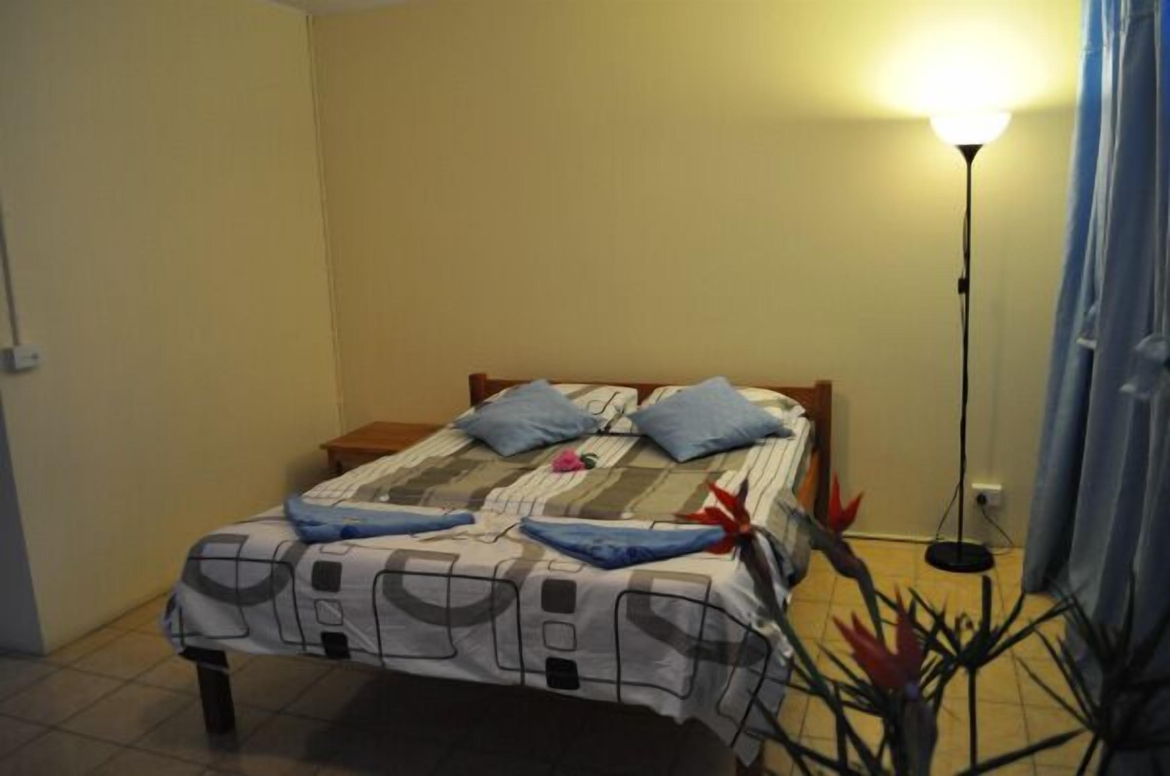Un dormitorio con cama, almohadas, una mesita de noche, una lámpara de pie y una planta.