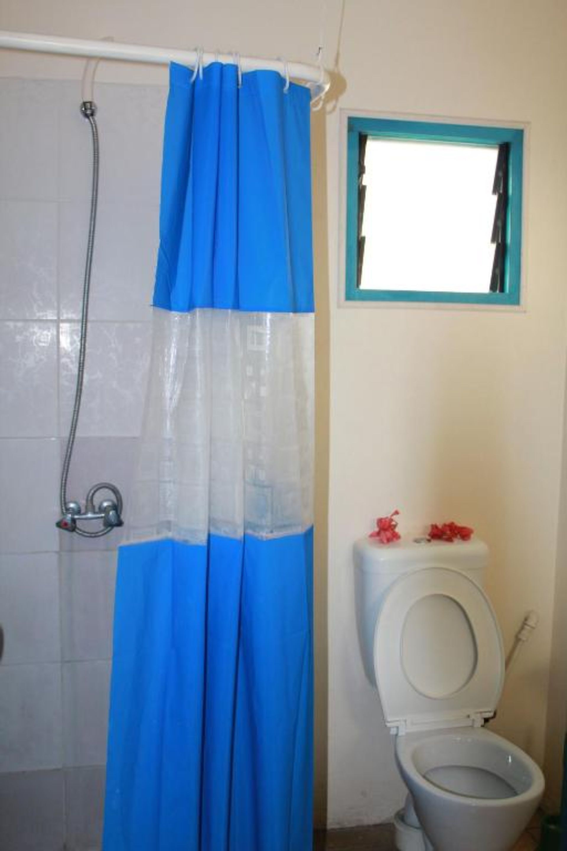 A bathroom with a shower curtain, a toilet, and a window.