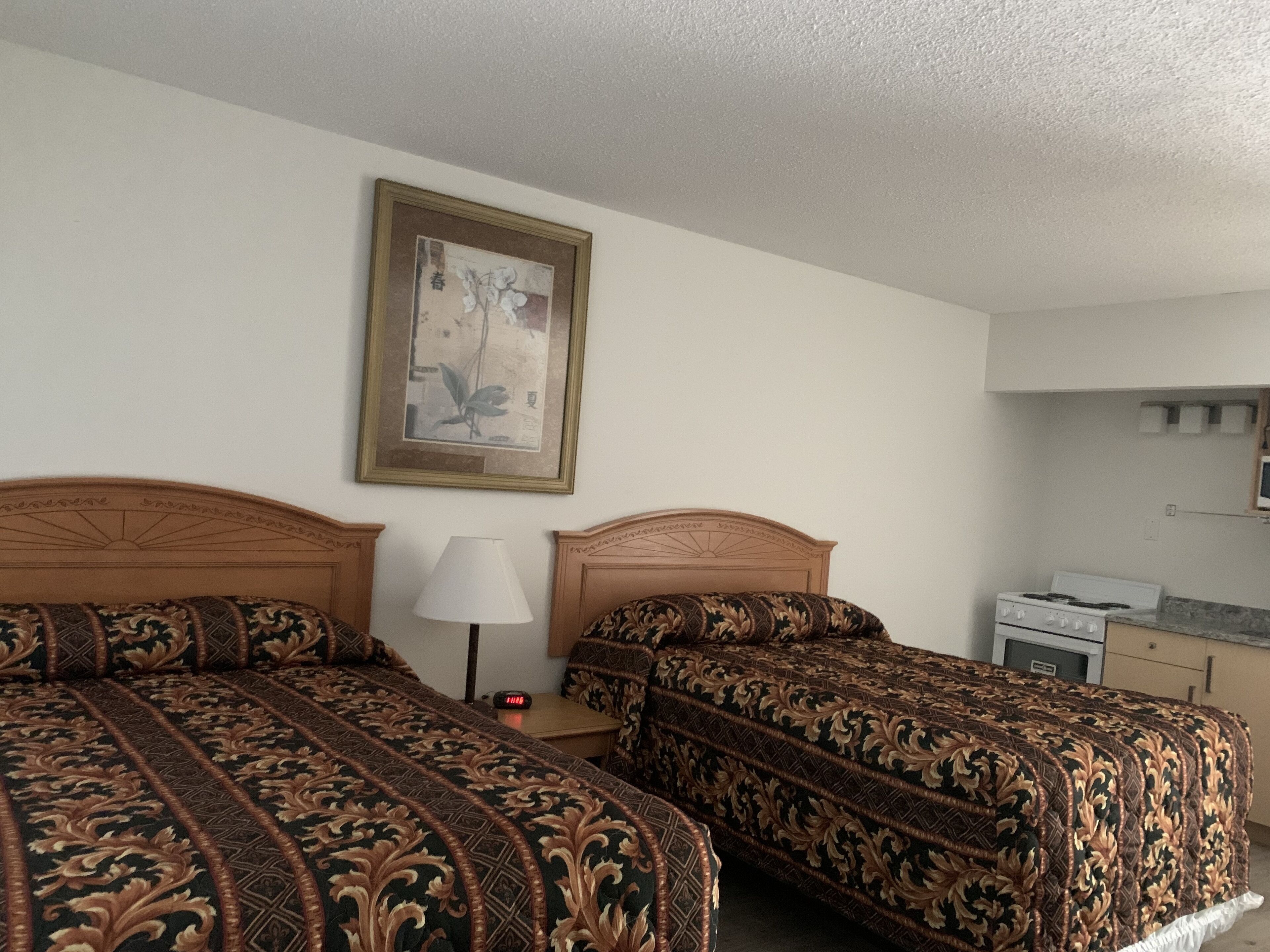 Habitación de hotel con dos camas, una mesita de noche, una lámpara, un cuadro en la pared y una kitchenette.