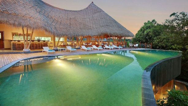 A swimming pool with lounge chairs and a bar area with a thatched roof.