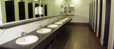 De vastes toilettes publiques dotées de nombreux lavabos et de plusieurs miroirs.