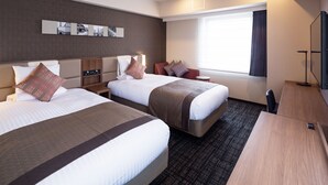 A hotel room with two beds, a desk, a chair, a TV, and a window with curtains. - Hotel MyStays Yokohama Kannai (Yokohama)