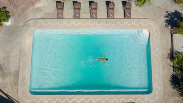An aerial view of a rectangular swimming pool with a person swimming, surrounded by lounge chairs and palm trees.