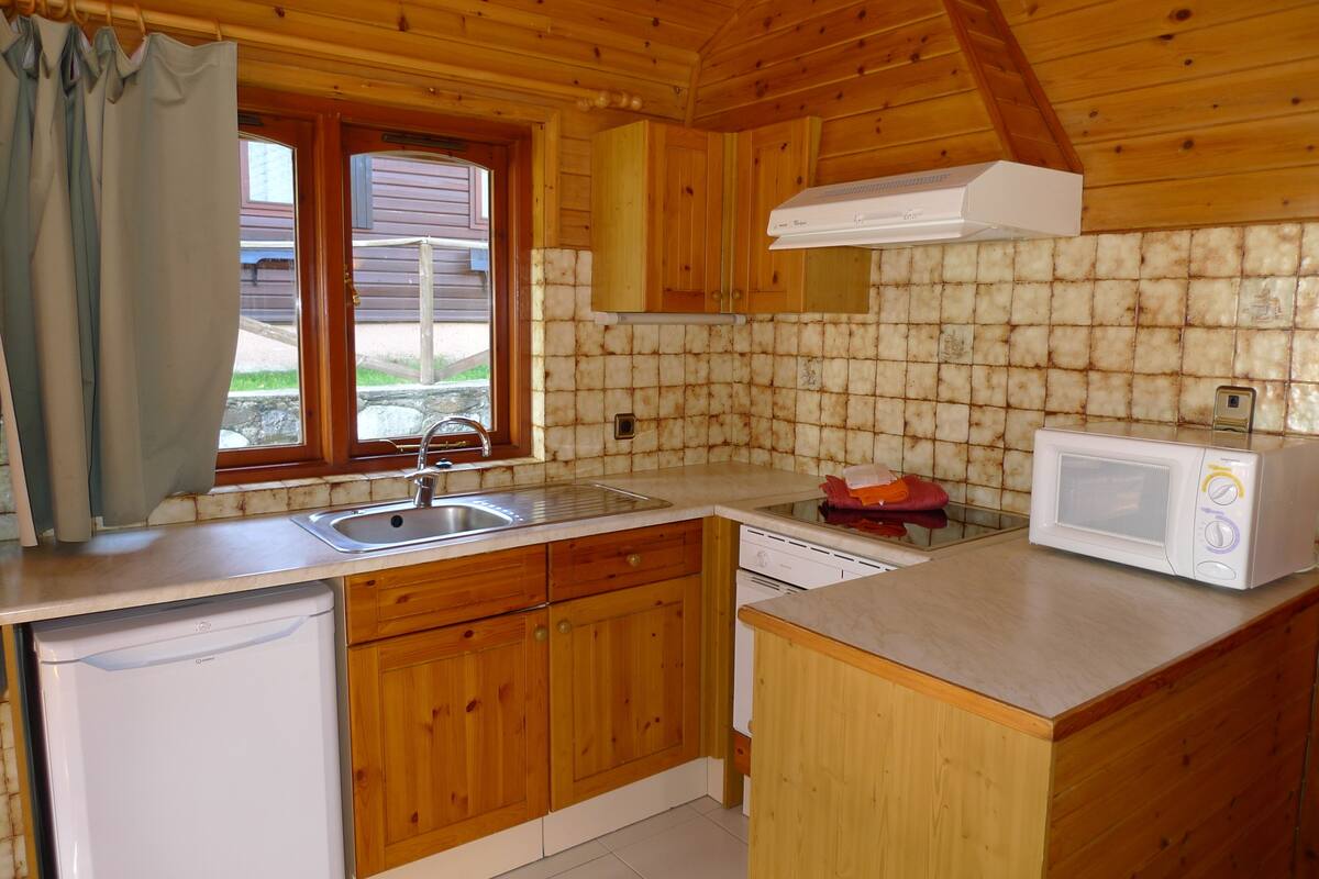 Une cuisine de taille réduite, dotée de meubles en bois, d’un évier, d’un lave-vaisselle et d’un four à micro-ondes.