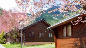 A row of wooden cabins with a mountain backdrop, a street lamp, and a clear sky.
