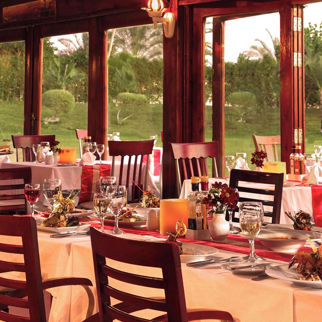 An outdoor dining area with tables set for a meal, surrounded by wooden chairs and large windows offering a view of the garden.