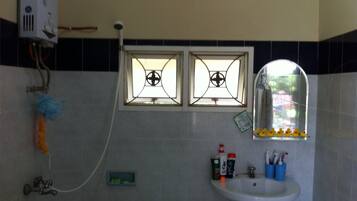 A bathroom with a sink, two windows with decorative glass, a shower, and a mirror.