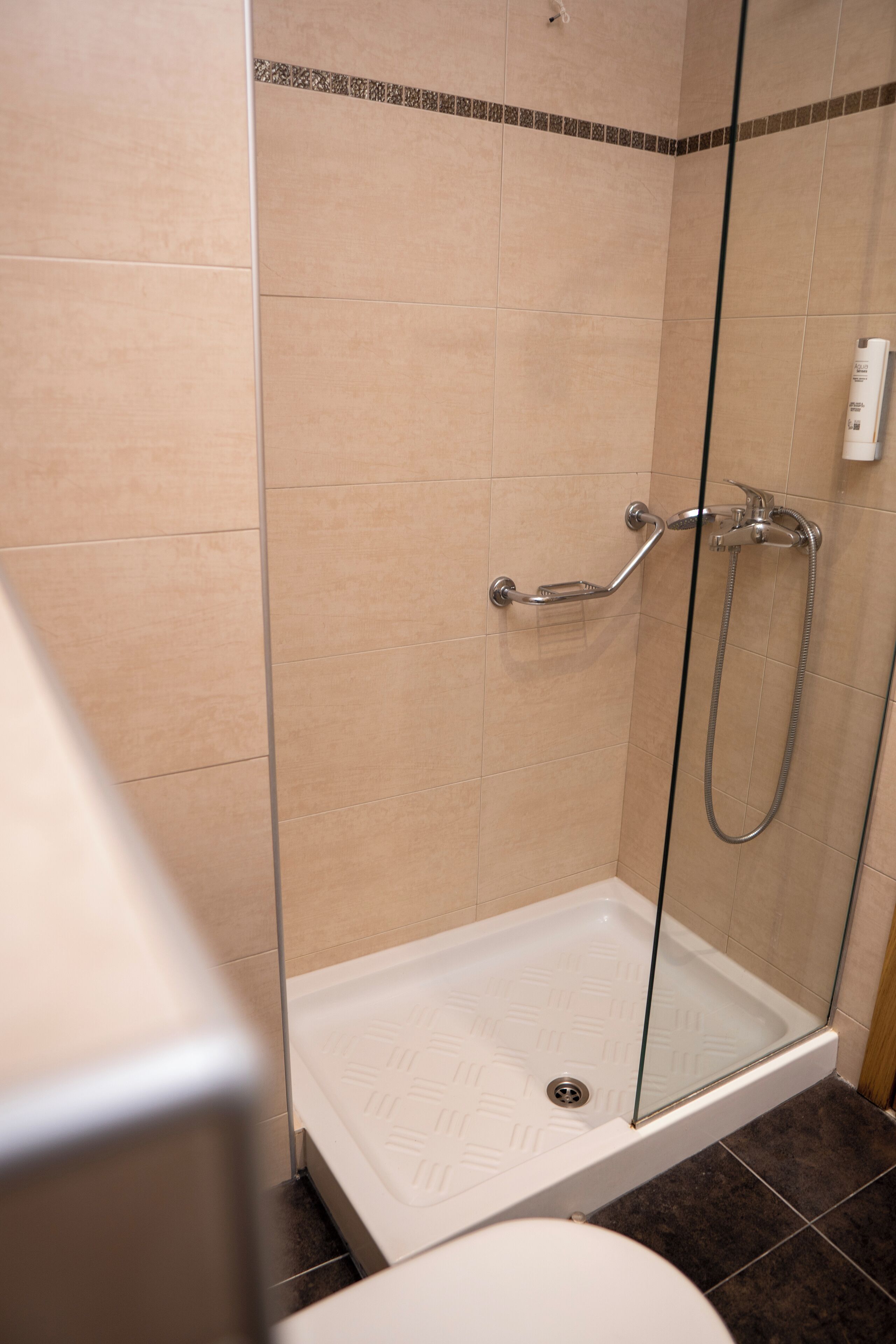 A shower area with a glass door, a handheld showerhead, and a handheld shower control.