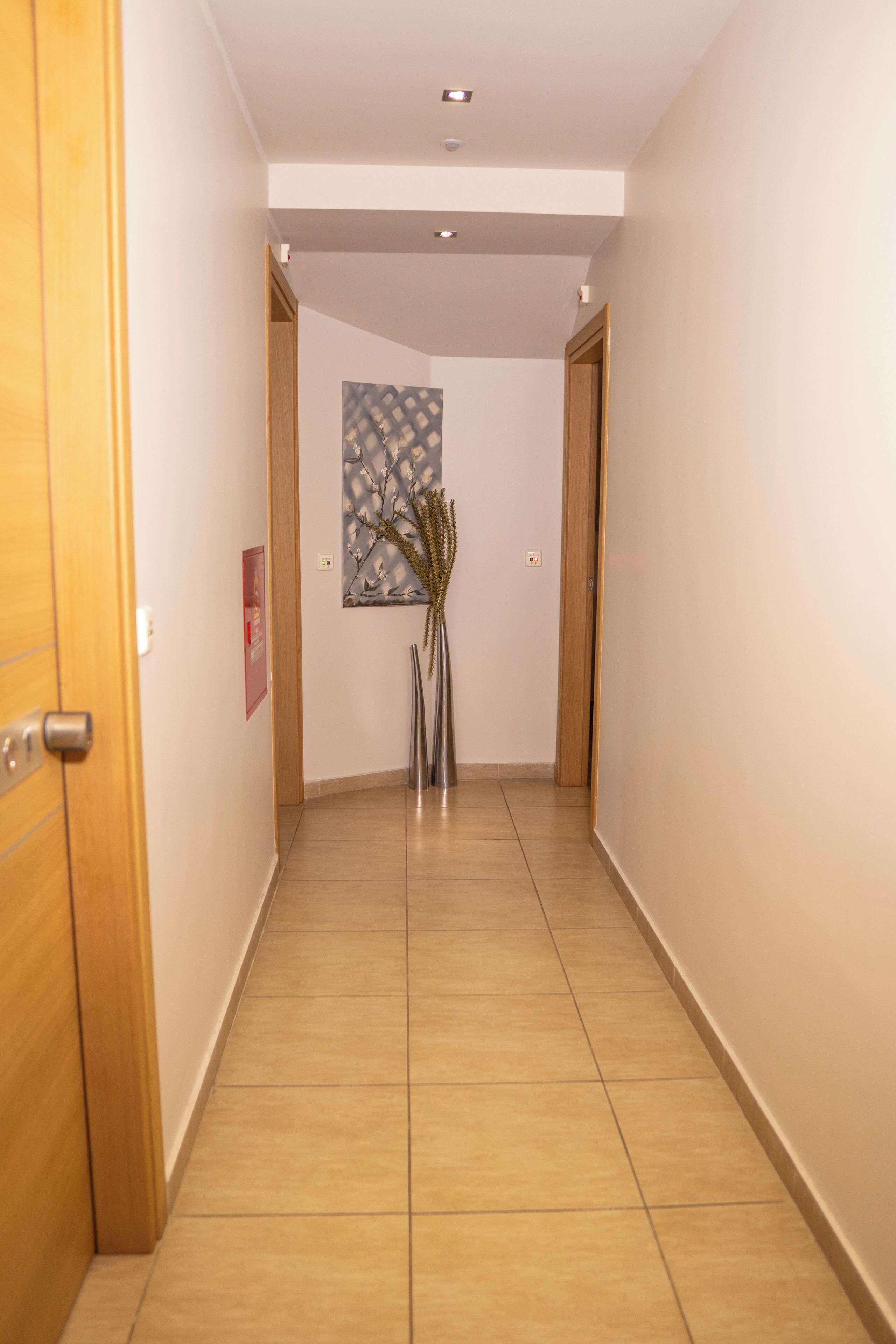 A hallway with wooden doors, a tiled floor, and a wall-mounted artwork.